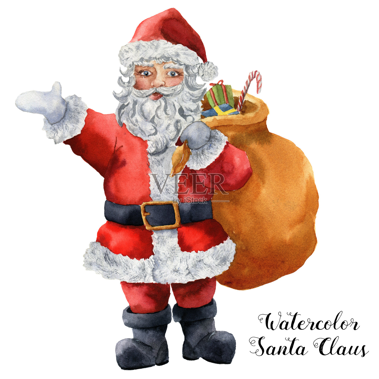 水彩圣诞老人。手绘圣诞人物与礼品袋孤立在白色背景。假日印花的设计，织物或背景插画图片素材