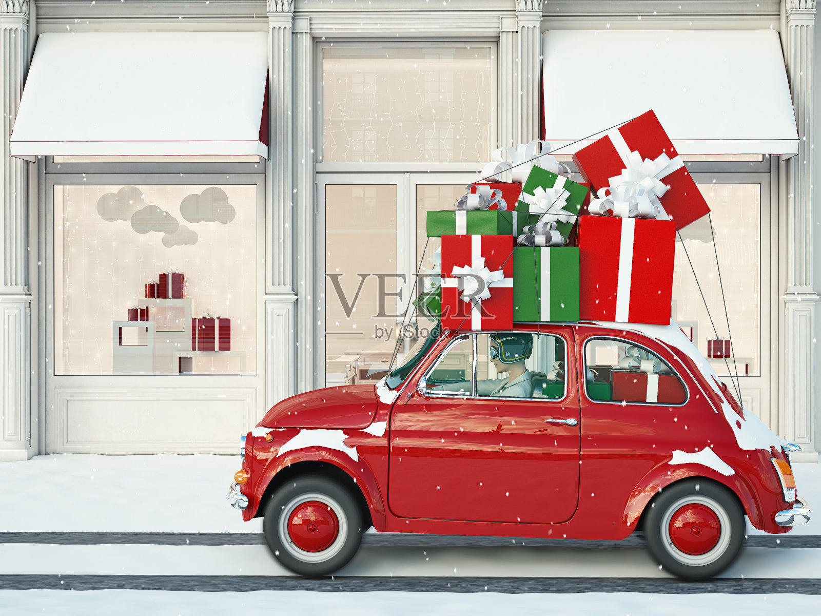 圣诞节前，带着绿色和红色的礼物开车。三维渲染插画图片素材