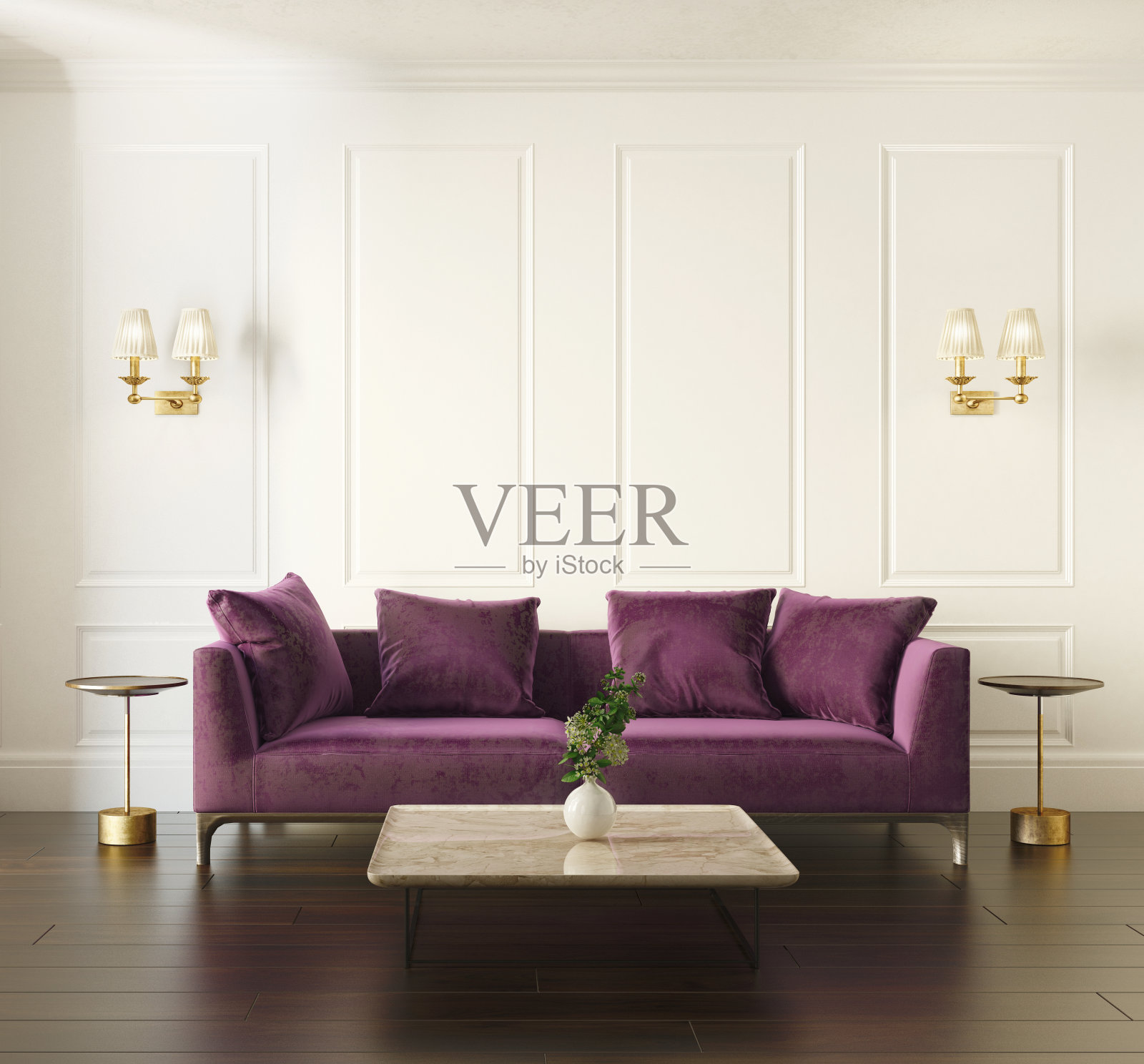 现代别致的古典室内与紫罗兰天鹅绒沙发照片摄影图片