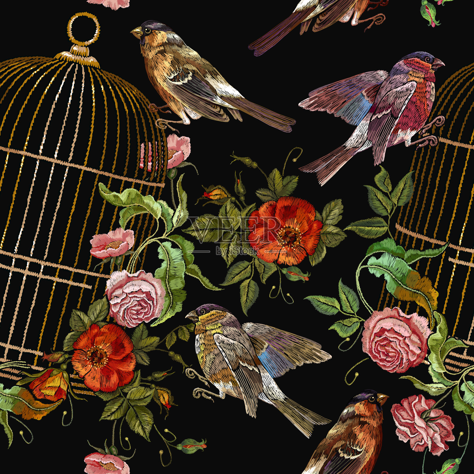 刺绣鸟笼和花鸟无缝图案。经典的刺绣红腹灰雀和山雀，金鸟笼，古董花蕾的野生玫瑰。服装、t恤设计模板插画图片素材