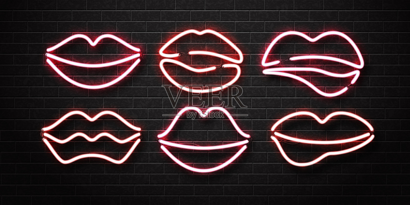 向量组的现实隔离霓虹情色嘴唇标志装饰和覆盖在墙壁背景。设计元素图片