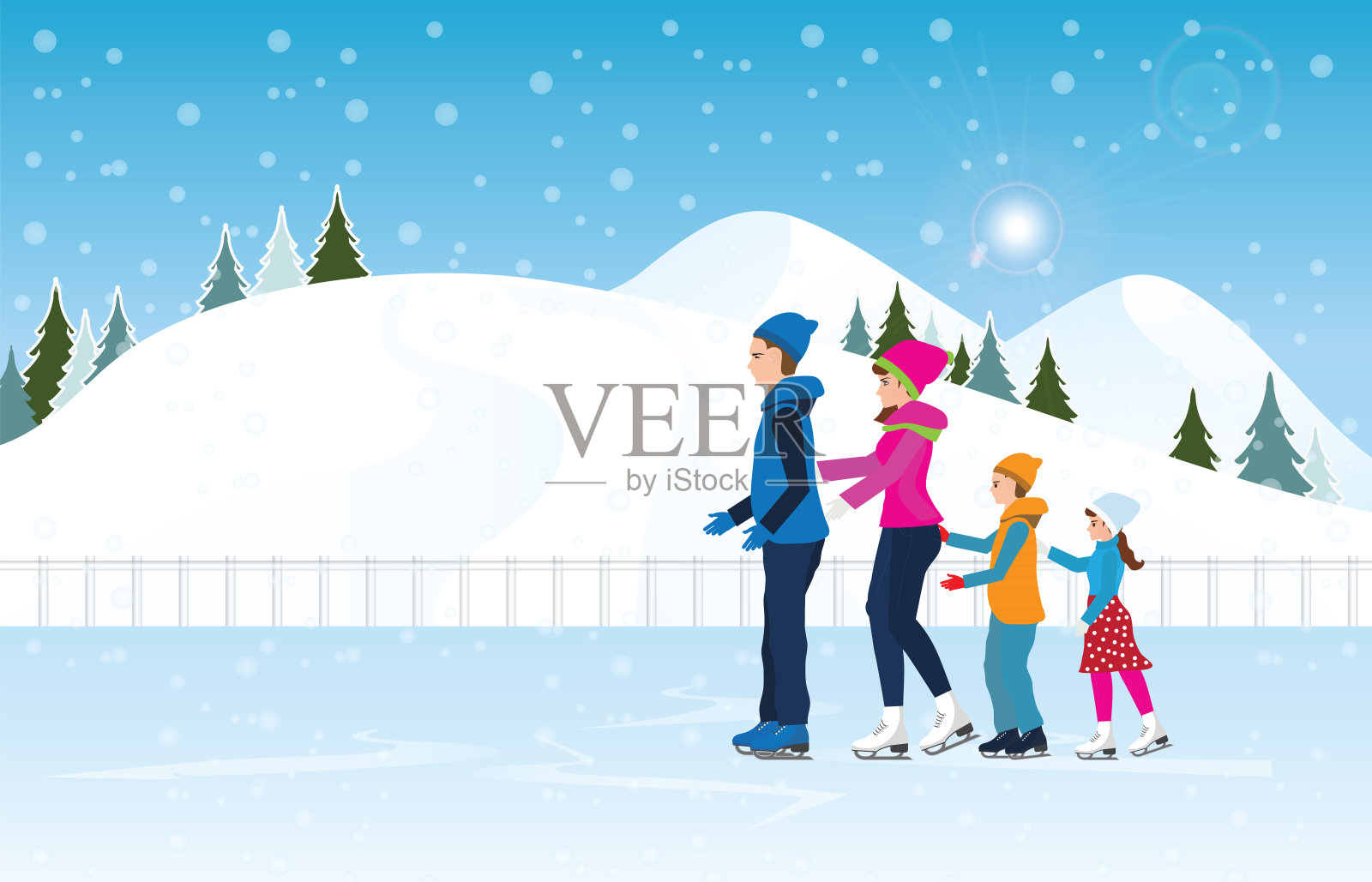 欢乐一家人在溜冰场上滑冰，城市景观景观背景景。插画图片素材