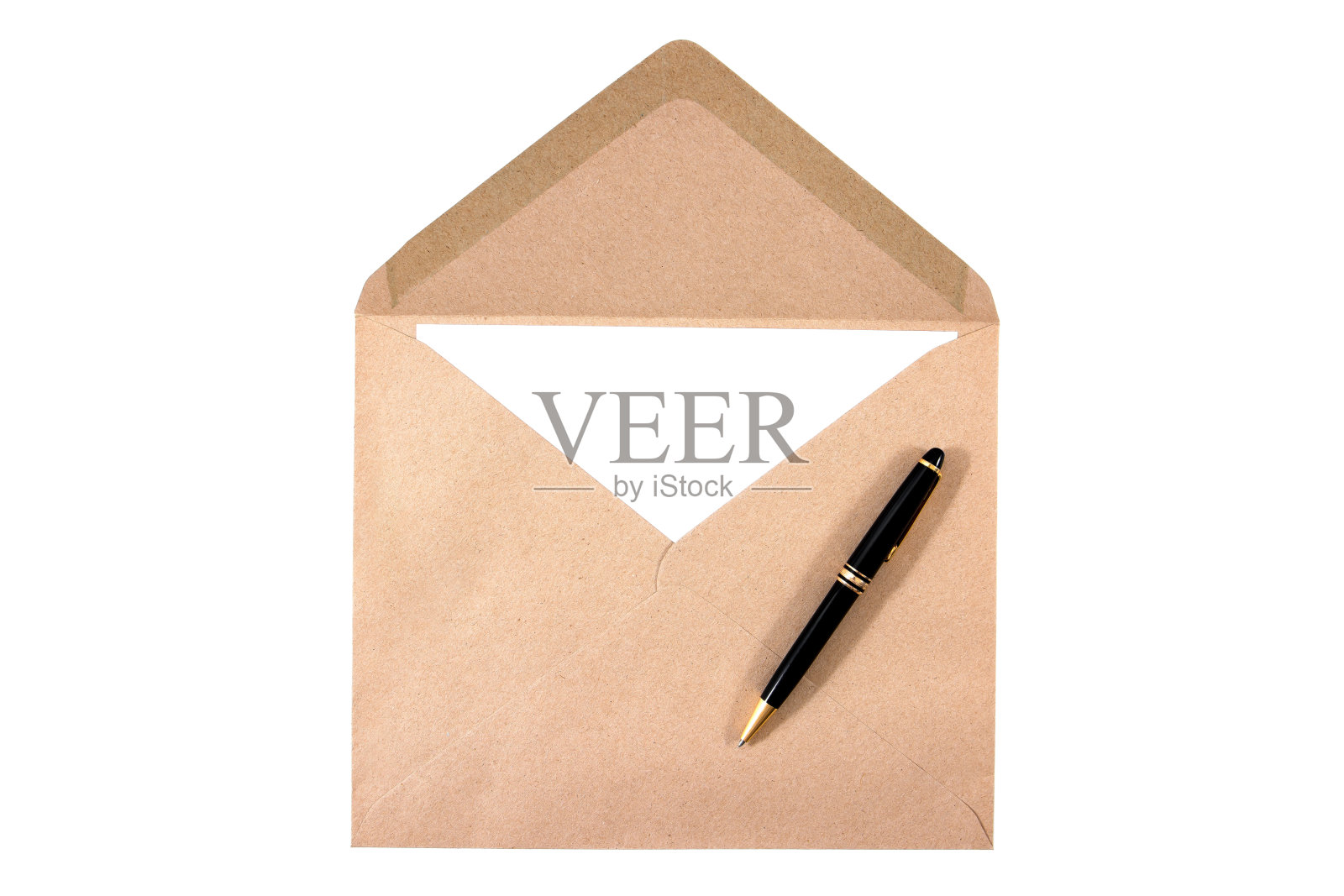 棕色的文件信封，白纸和笔孤立在白色背景上照片摄影图片