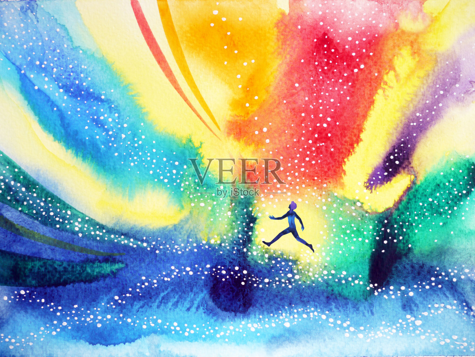 人在奔跑，在五彩的宇宙中飞翔，手绘水彩画插画图片素材