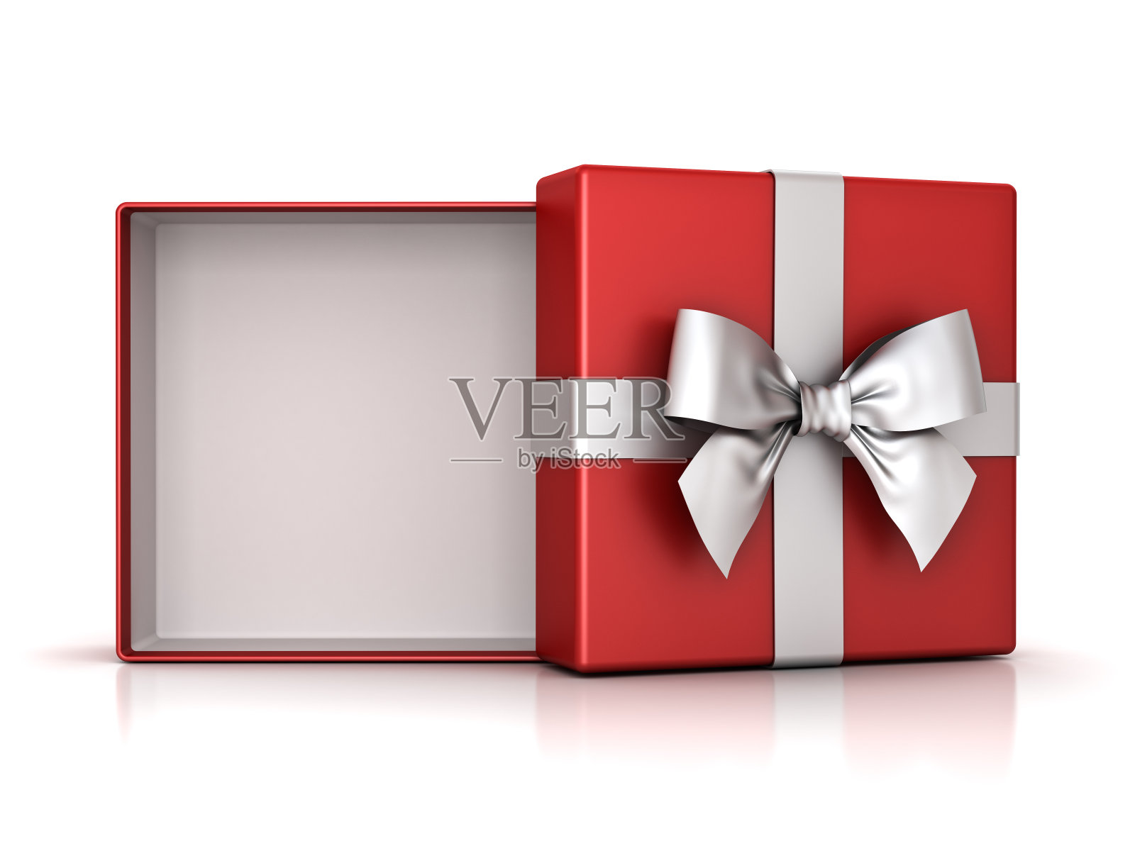 打开带有银色丝带蝴蝶结的红色礼盒或礼品盒，盒子上的空白被隔离在带有阴影和反射的白色背景上插画图片素材