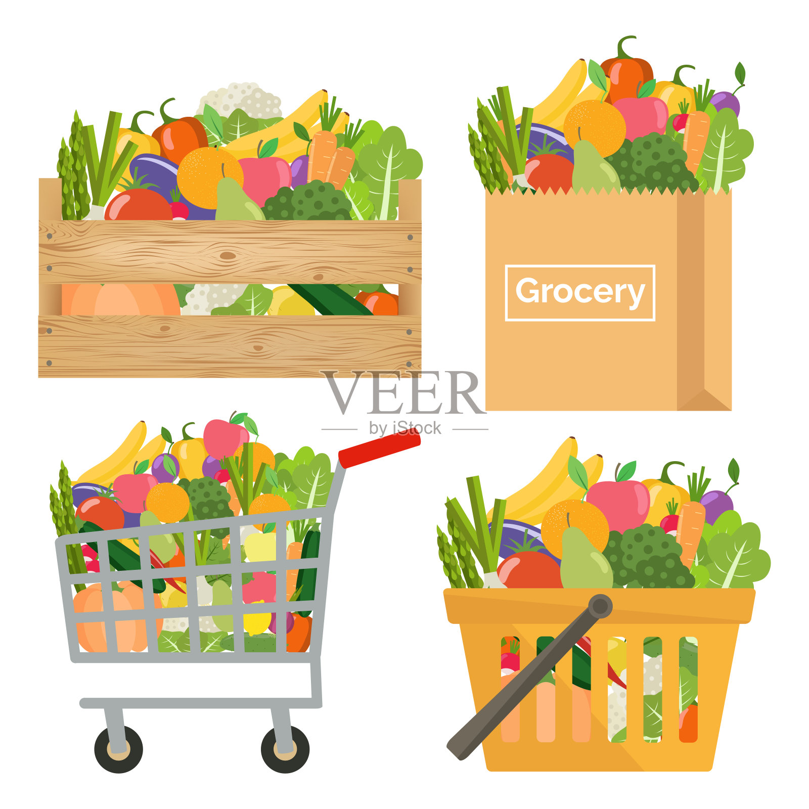 购物篮，购物车，板条箱和纸袋蔬菜和水果。健康的生活方式。插画图片素材