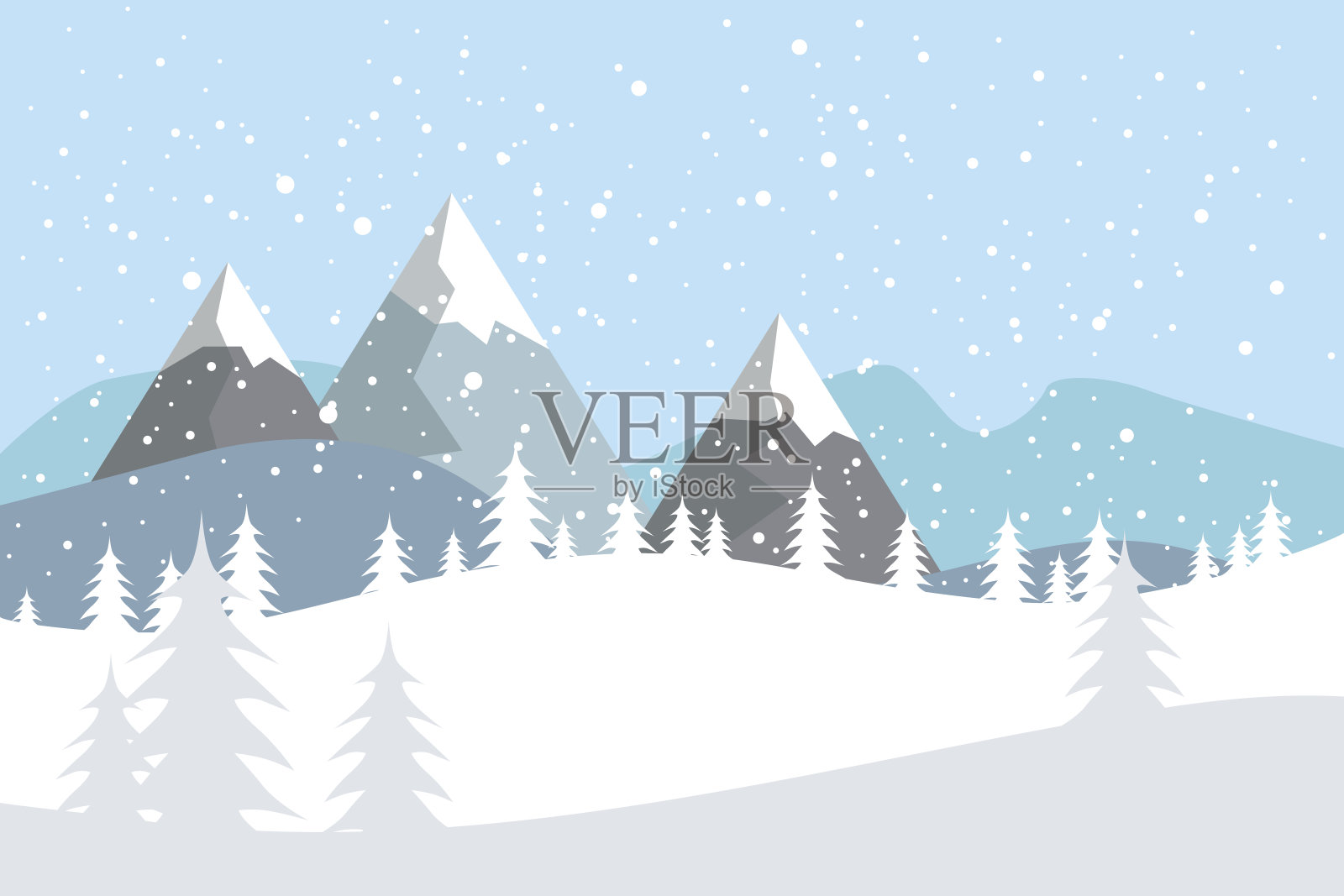 平坦的矢量景观与剪影的树木，丘陵和山与飘落的雪。插画图片素材