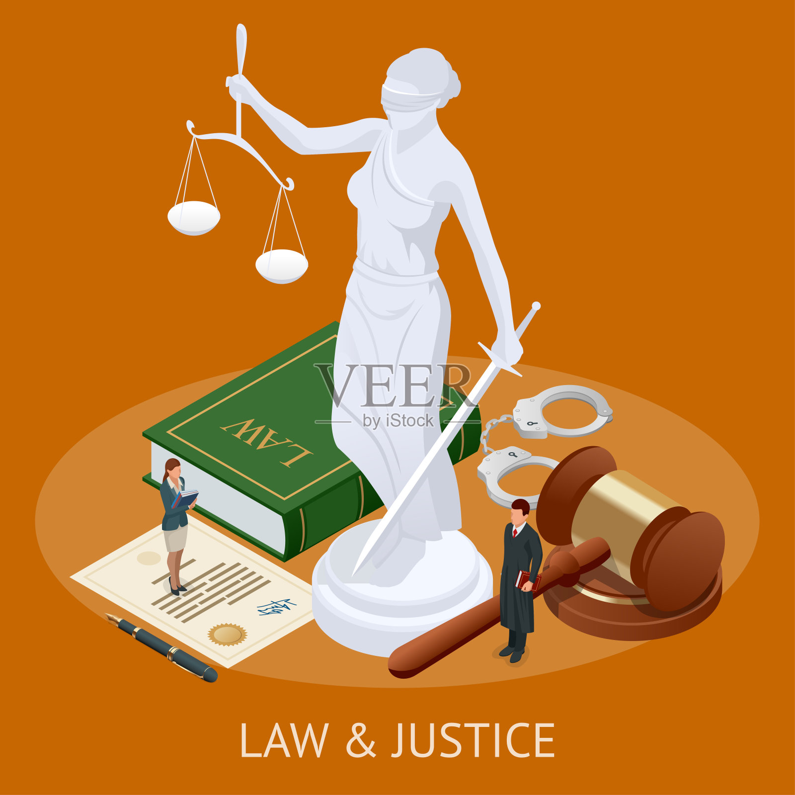 等距法与正义概念。法律主题，法官的木槌，正义的天平，书籍，正义的雕像矢量插图。插画图片素材