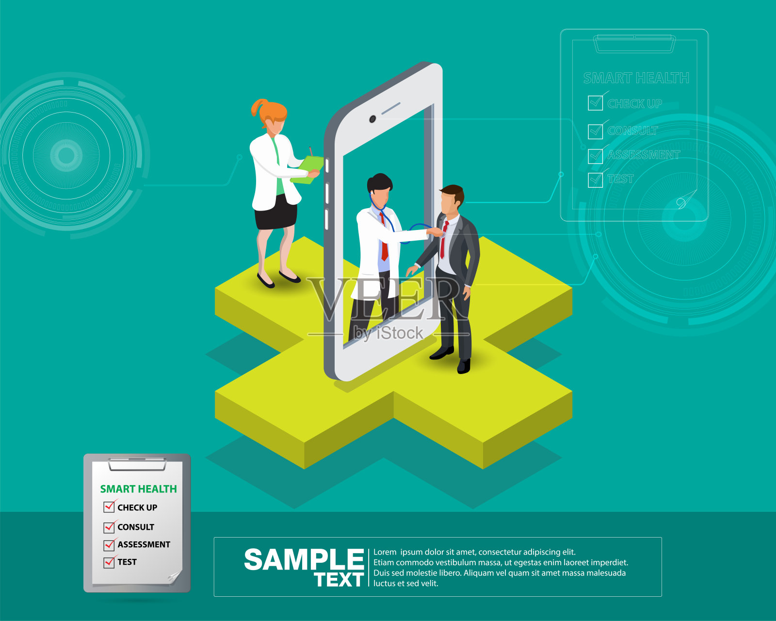 等距智能移动健康3d设计插图-通过设备跟踪您的健康状况插画图片素材