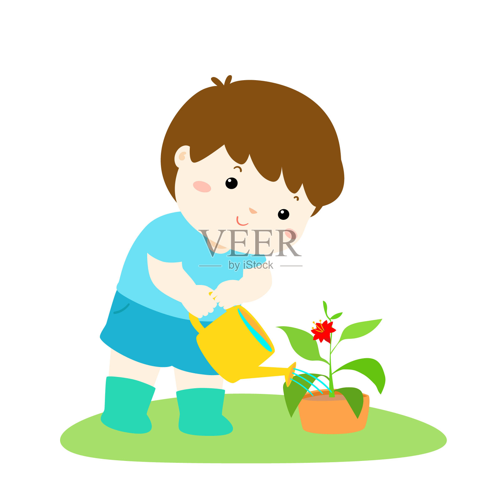 可爱的卡通男孩浇灌植物向量。插画图片素材