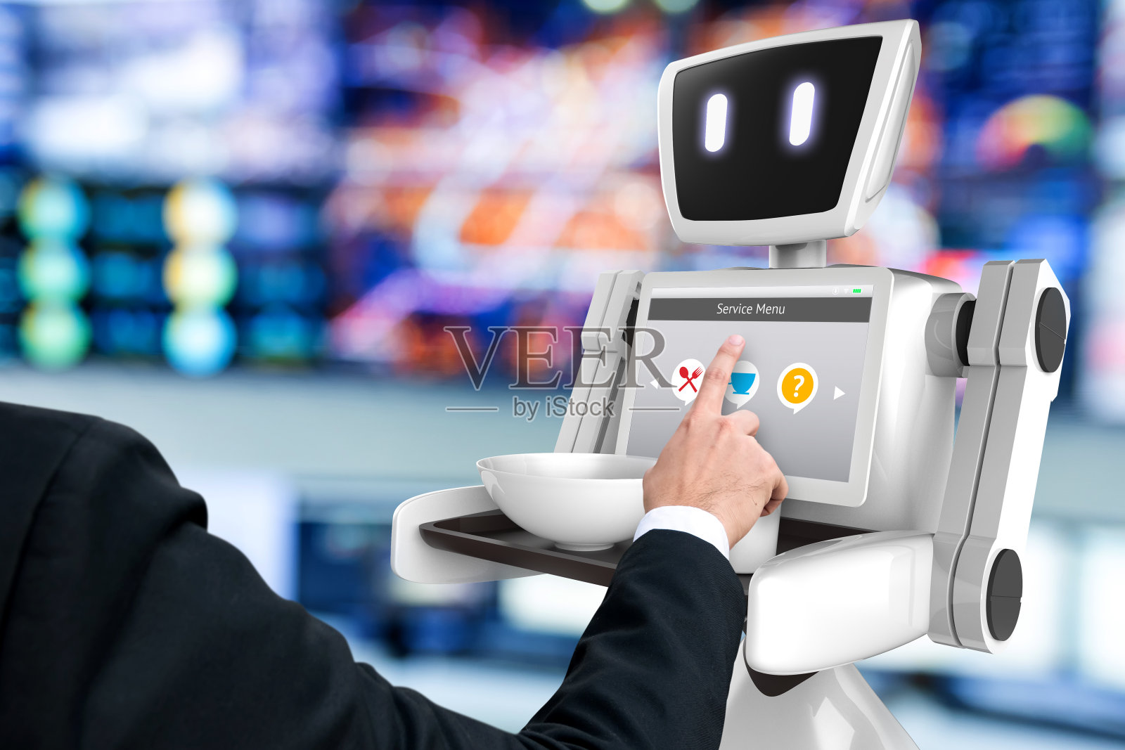 机器人技术趋势的商业概念。男士套装指向手指自主个人助理机器人订购食品和饮料在办公室抽象的背景。3 d渲染。插画图片素材