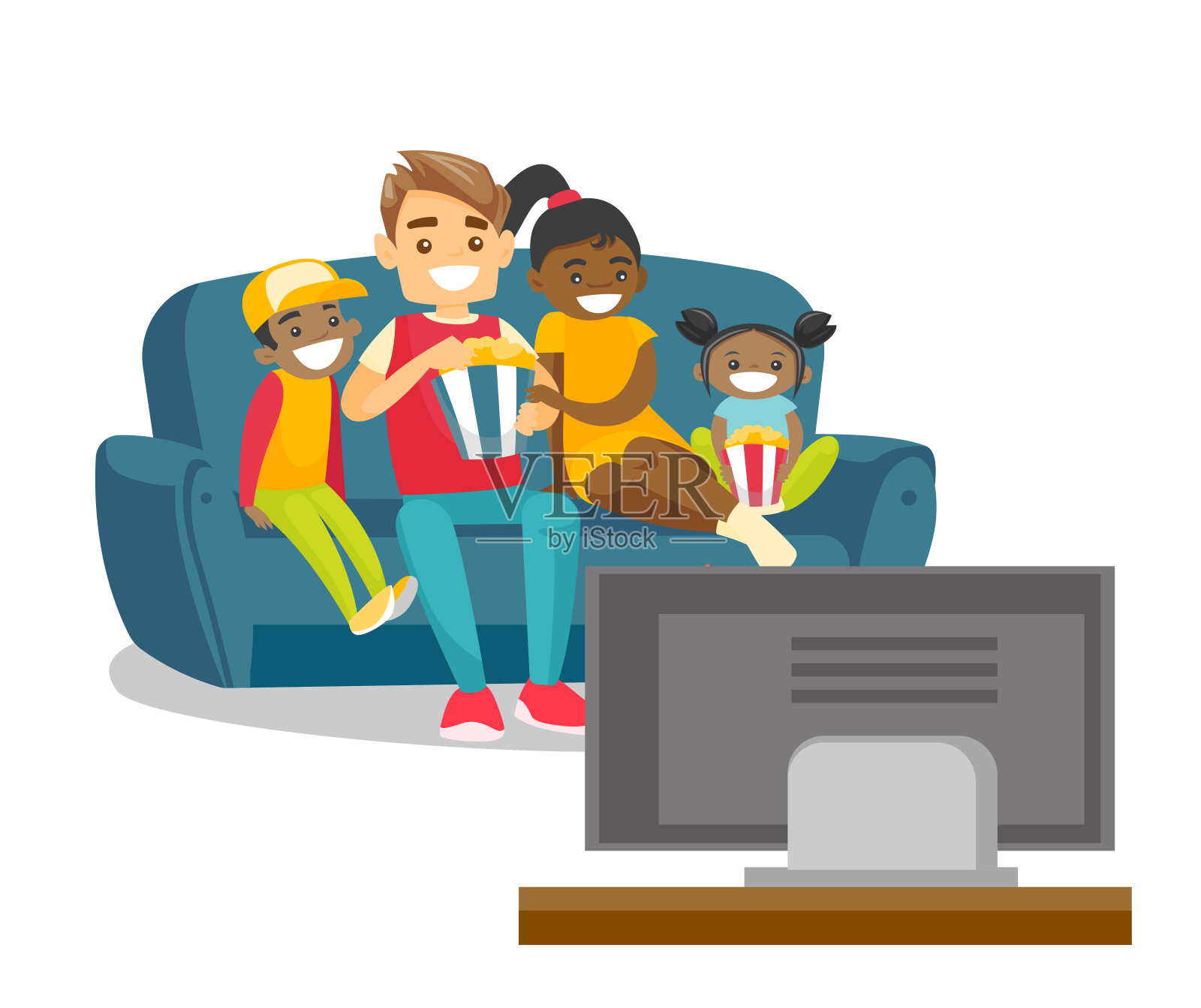 多种族家庭在家里看电视插画图片素材