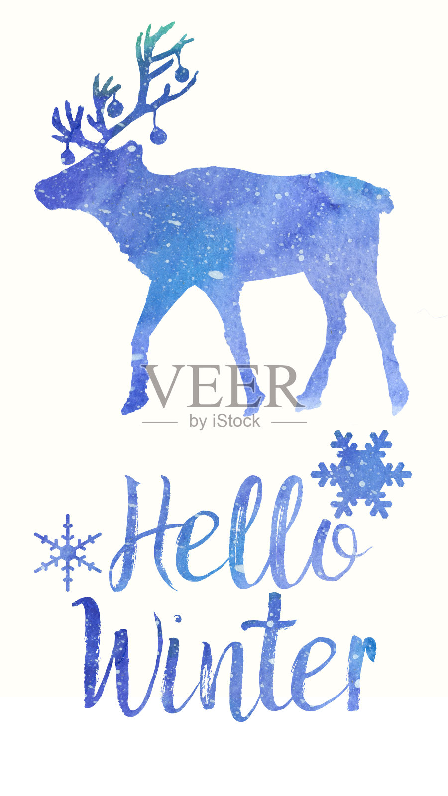蓝色水彩驯鹿的剪影与你好冬天插画图片素材