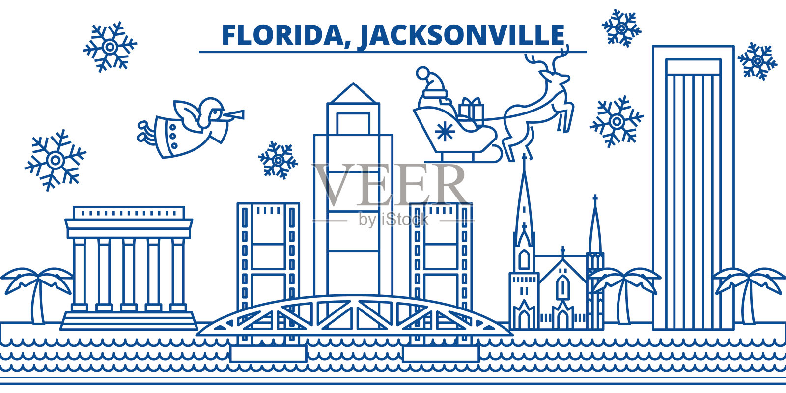 美国佛罗里达州杰克逊维尔冬季城市的天际线。圣诞快乐，新年快乐的横幅装饰。冬天的贺卡上有雪花和圣诞老人。平,行向量。线性圣诞插图插画图片素材