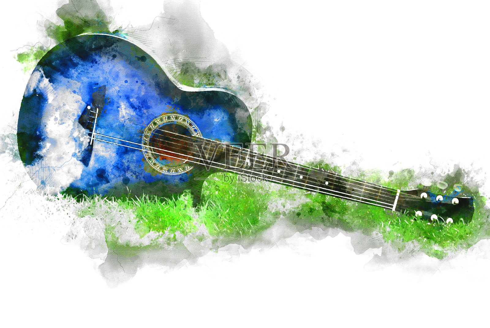 抽象吉他在前景近距离水彩画背景。插画图片素材