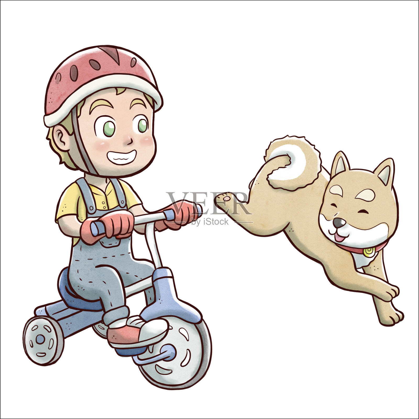 男孩骑着三轮车，后面跟着柴犬-白色的背景插画图片素材