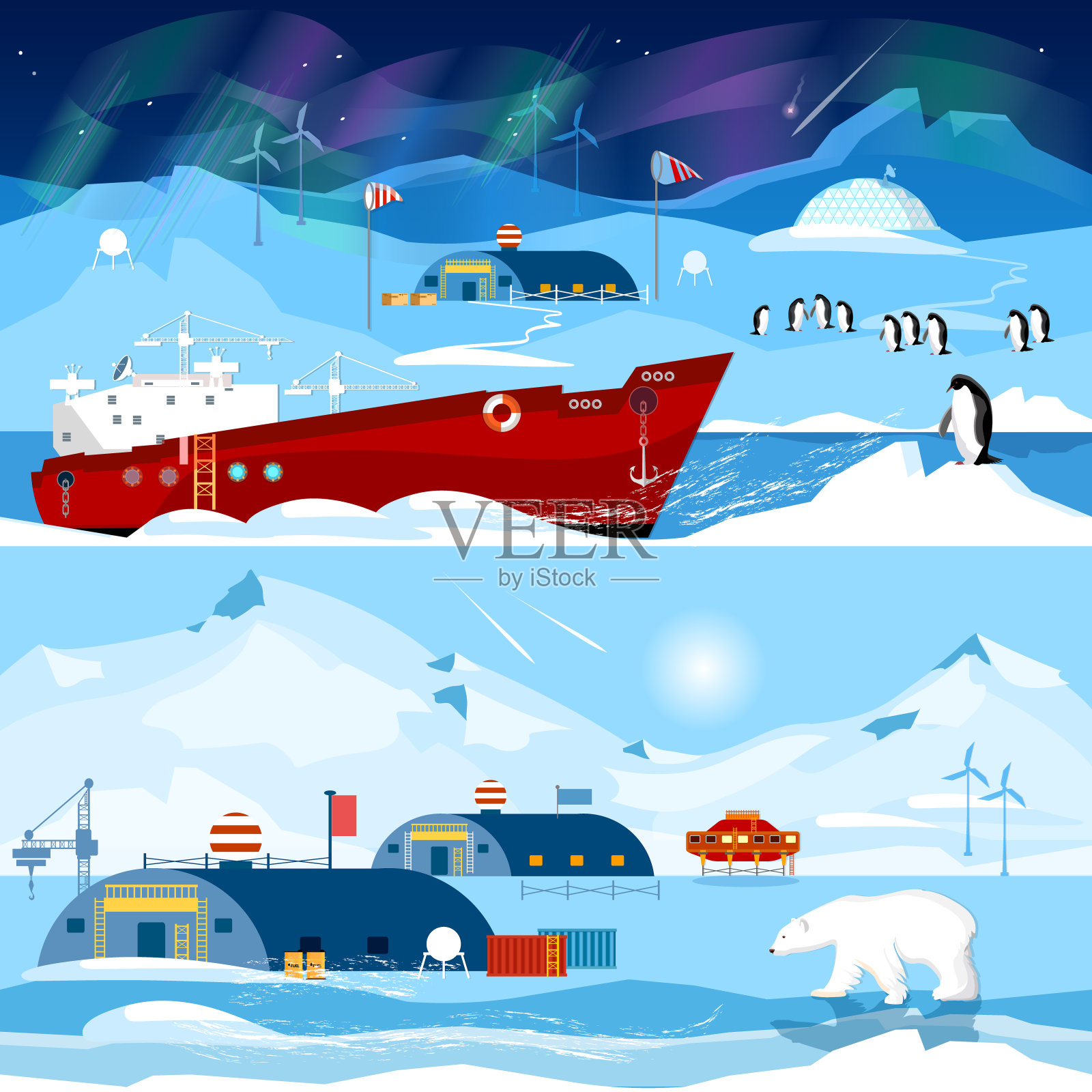 北极，极地站的横幅。南极和北极科学研究站插画图片素材