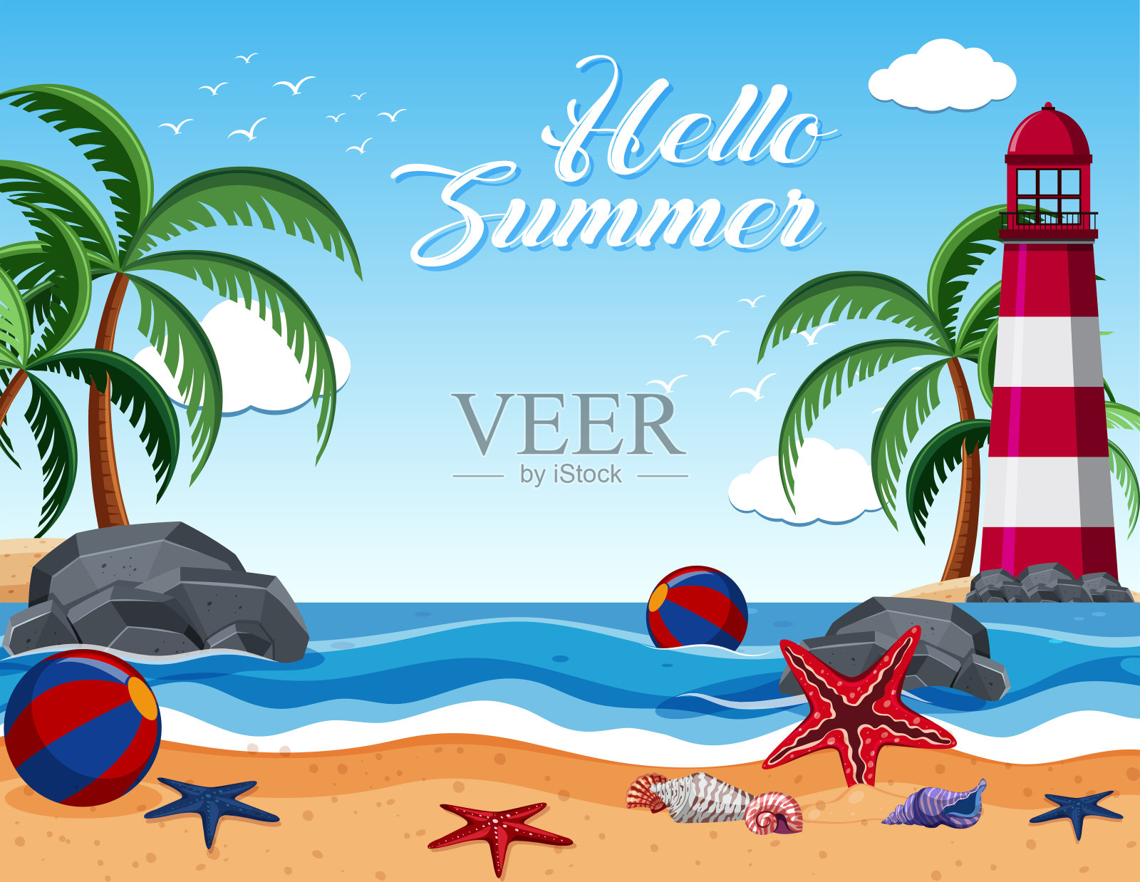 夏季背景与岛上的灯塔插画图片素材