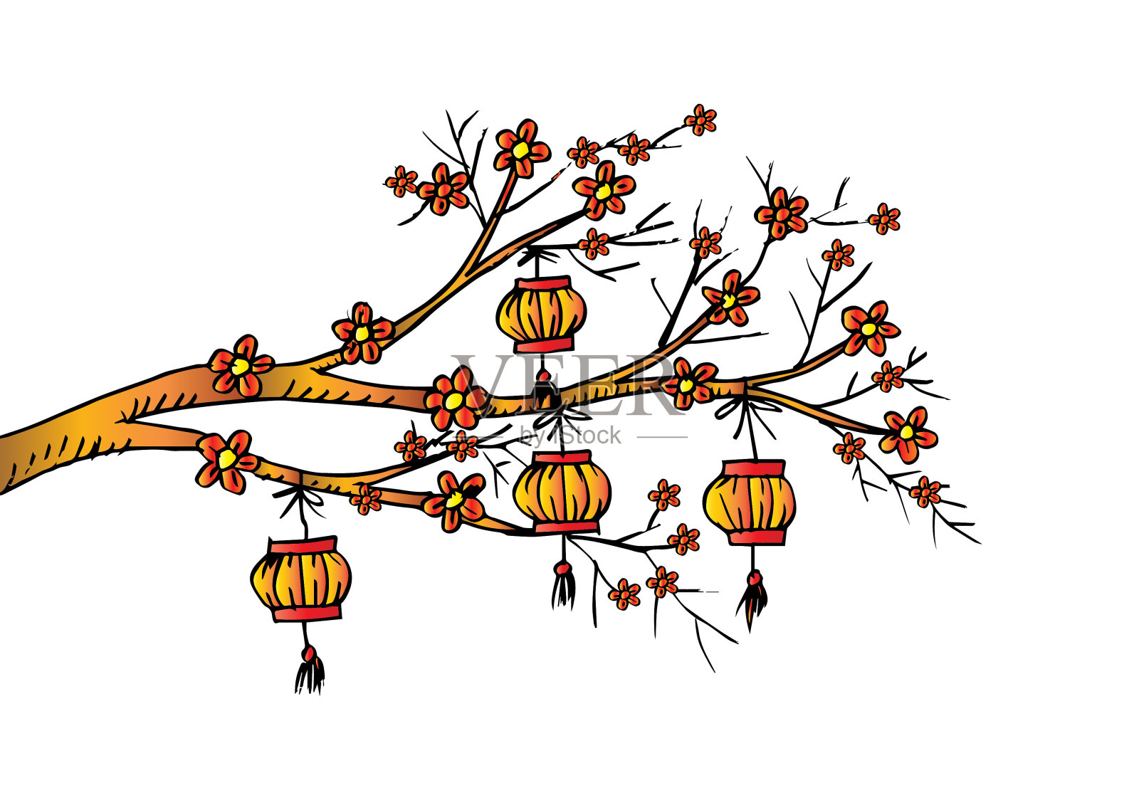 中国灯笼挂在樱桃树上。设计元素图片