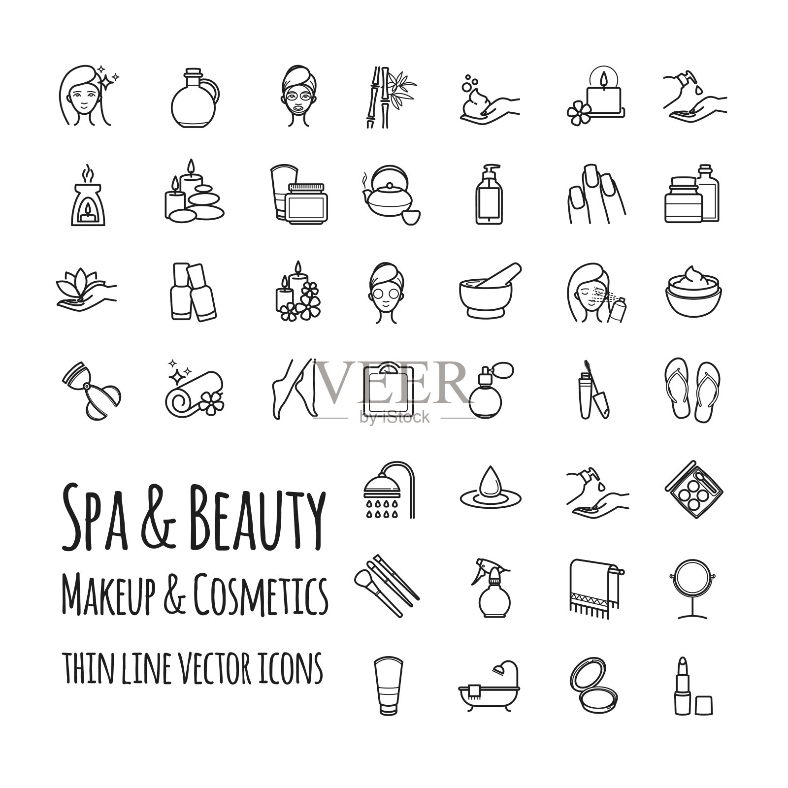 水疗，美容，化妆和化妆品细线矢量图标设置图标素材