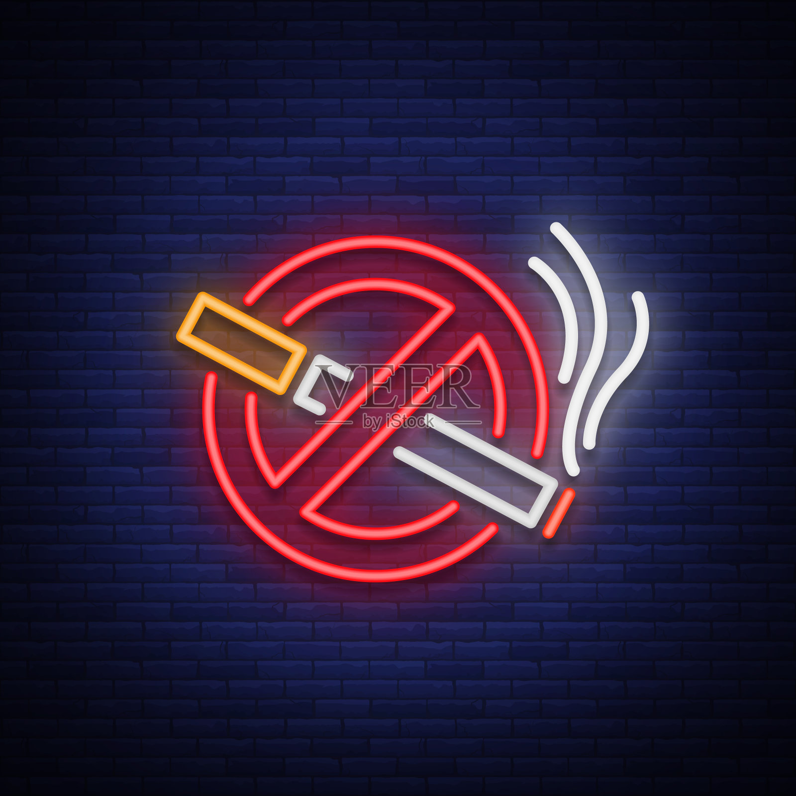 没有冒烟的矢量霓虹灯。明亮的标志，图标，在未经授权的地方吸烟的警告标志插画图片素材