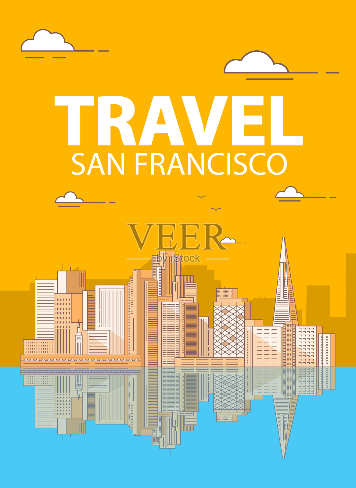旧金山市中心有高楼大厦。沿海城市。旅游公司和游客的海报。城市多层居住建筑采用玻璃。插画图片素材