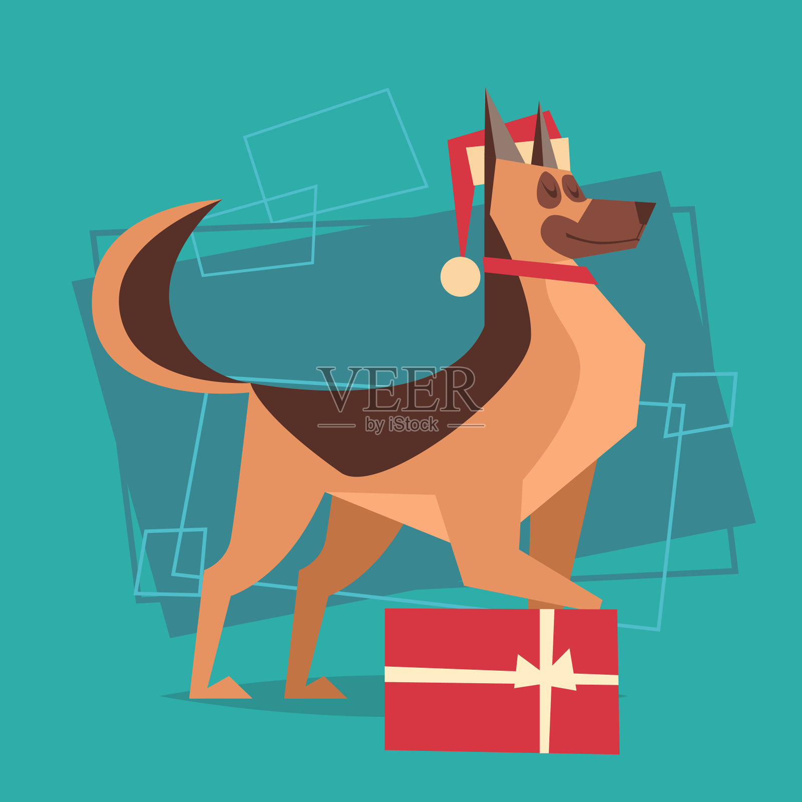 狗戴圣诞帽与礼盒新年快乐生肖图标插画图片素材