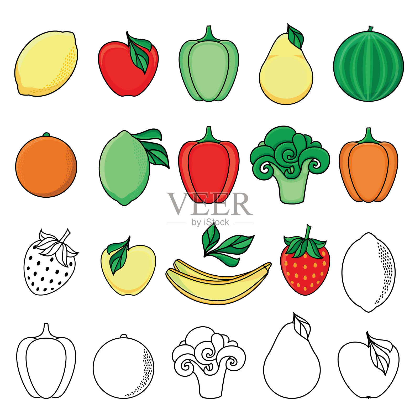 矢量速写风格的新鲜水果，蔬菜集插画图片素材