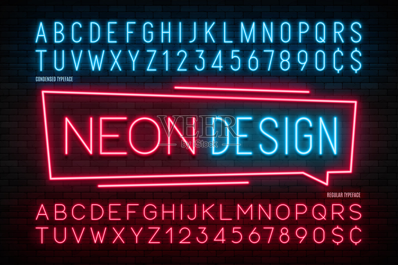 霓虹灯字母，逼真的额外发光字体。2在1设计元素图片