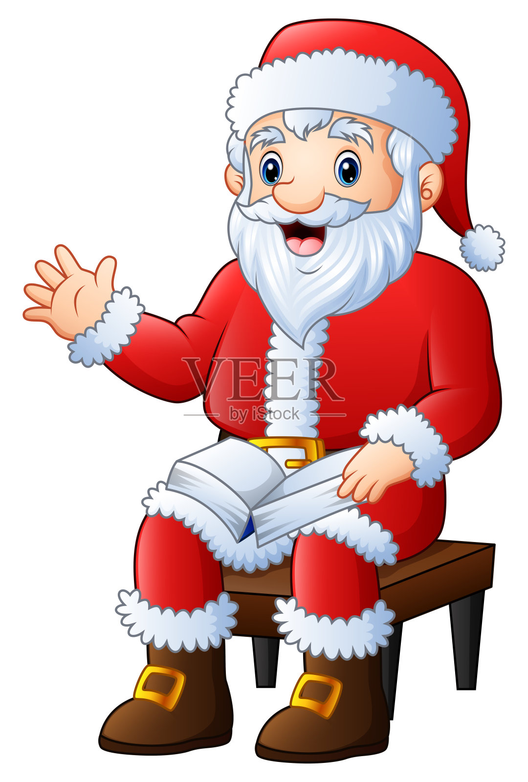 卡通圣诞老人在木椅上挥手看书插画图片素材