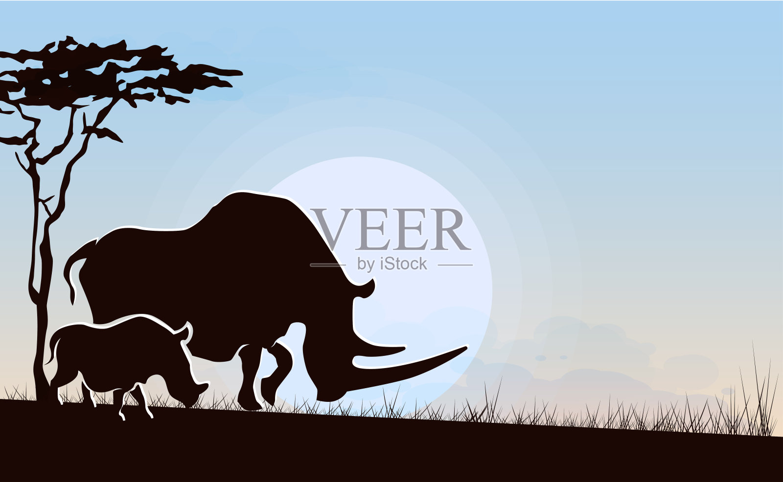 犀牛和她的幼崽插画图片素材