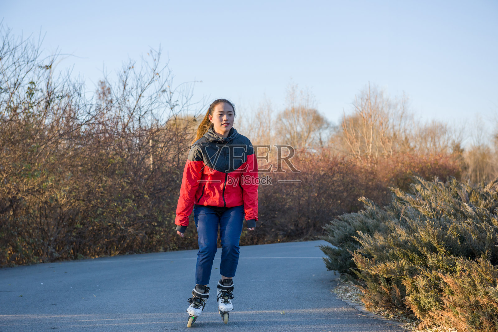 在公园里滑旱冰的女人。照片摄影图片