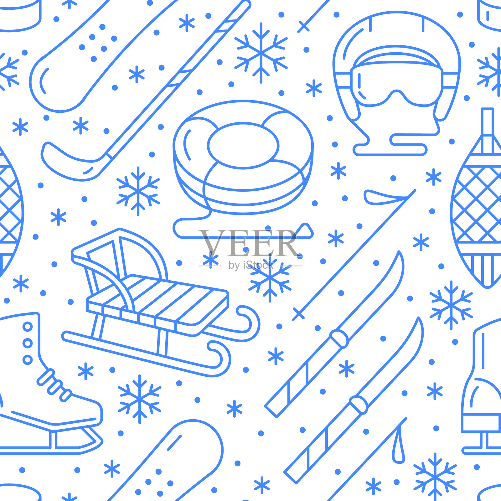 冬季运动蓝色无缝图案，滑雪胜地设备租赁。矢量平面线图标-溜冰鞋，曲棍球棒，雪橇，滑雪板，雪管。寒冷季节户外活动，雪花纷飞插画图片素材