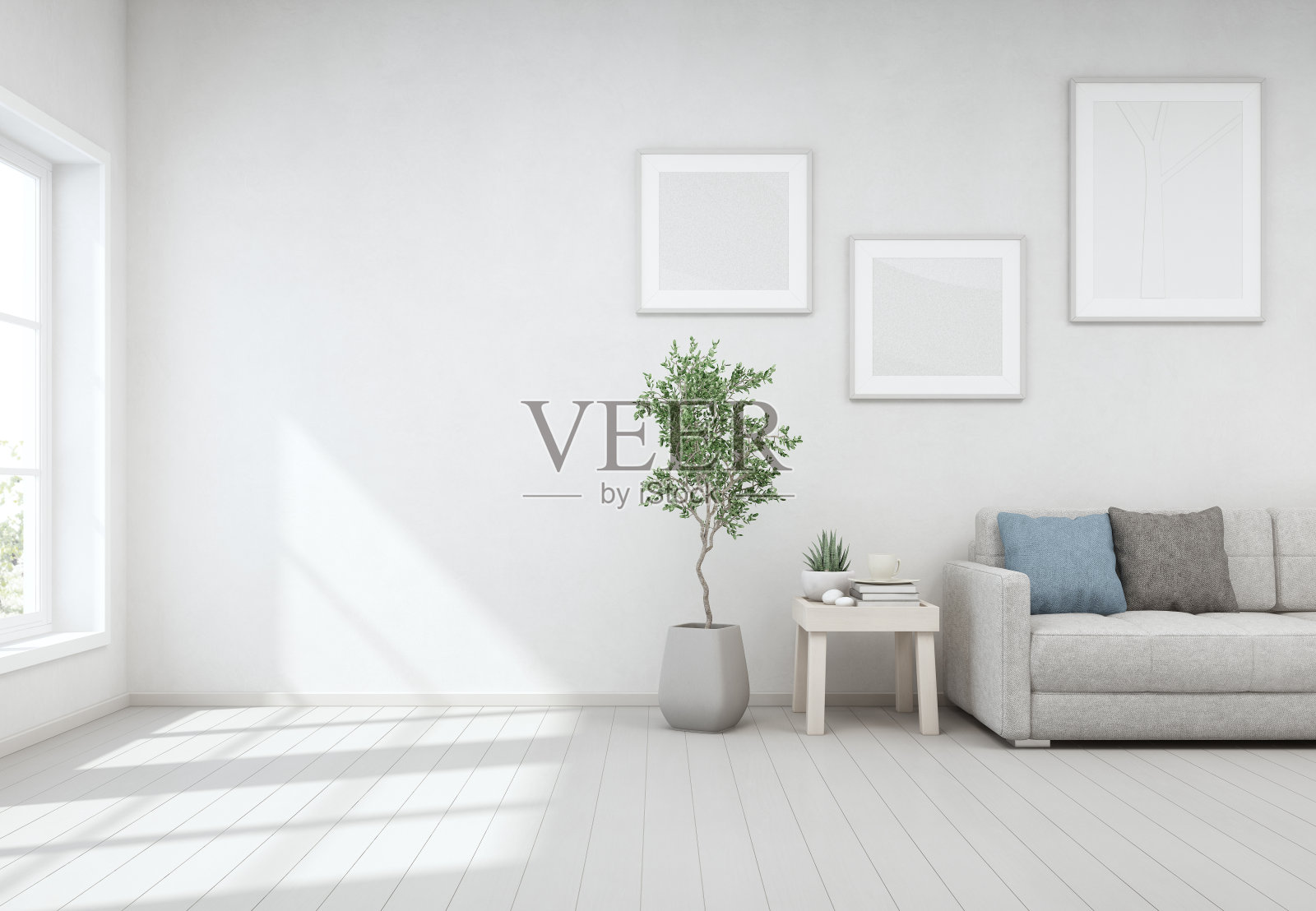 室内植物和茶几在木地板上白色混凝土墙背景，休息室靠近玻璃窗在明亮的现代斯堪的那维亚房子插画图片素材