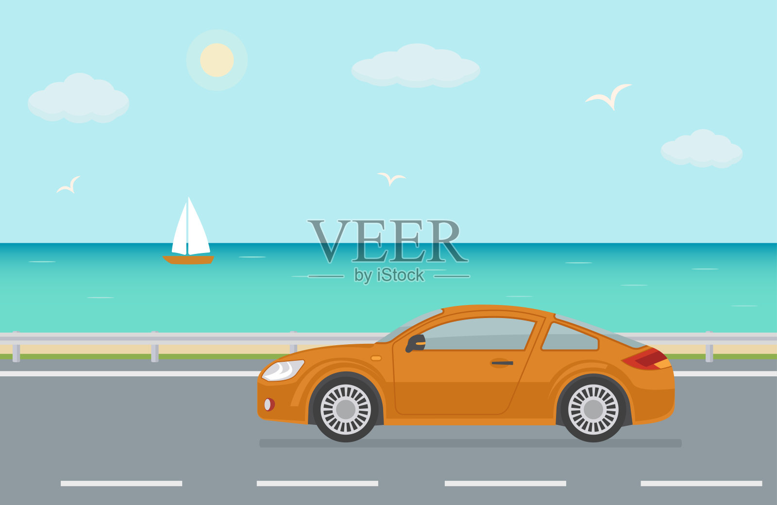 橙色跑车在海边的路上。插画图片素材