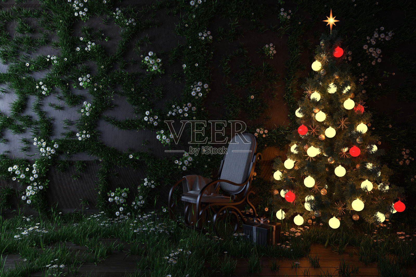 装饰圣诞树和摇椅在草覆盖的房间插画图片素材