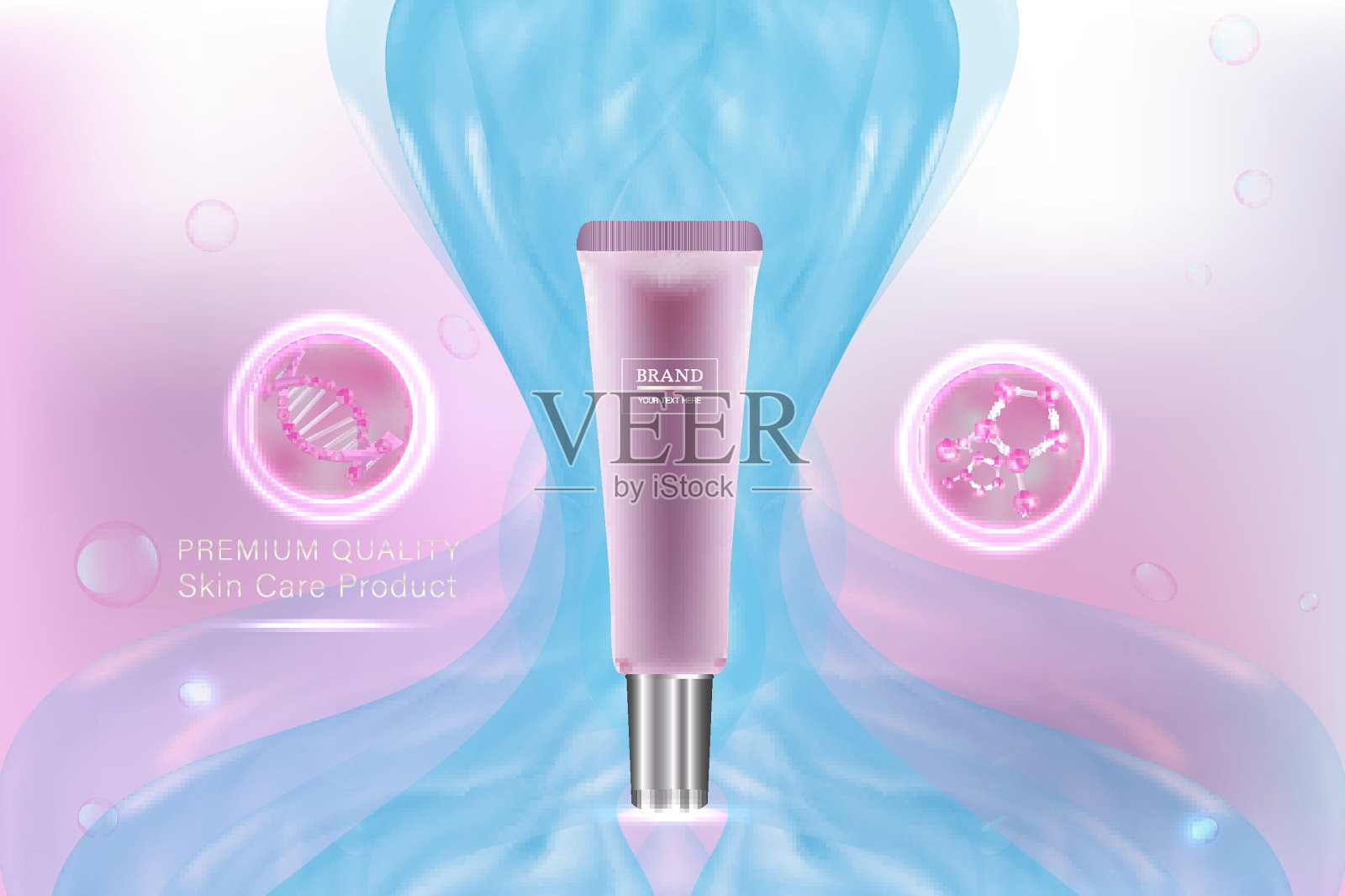 粉色化妆品容器与广告背景准备使用，蓝色液体豪华护肤广告。插画图片素材