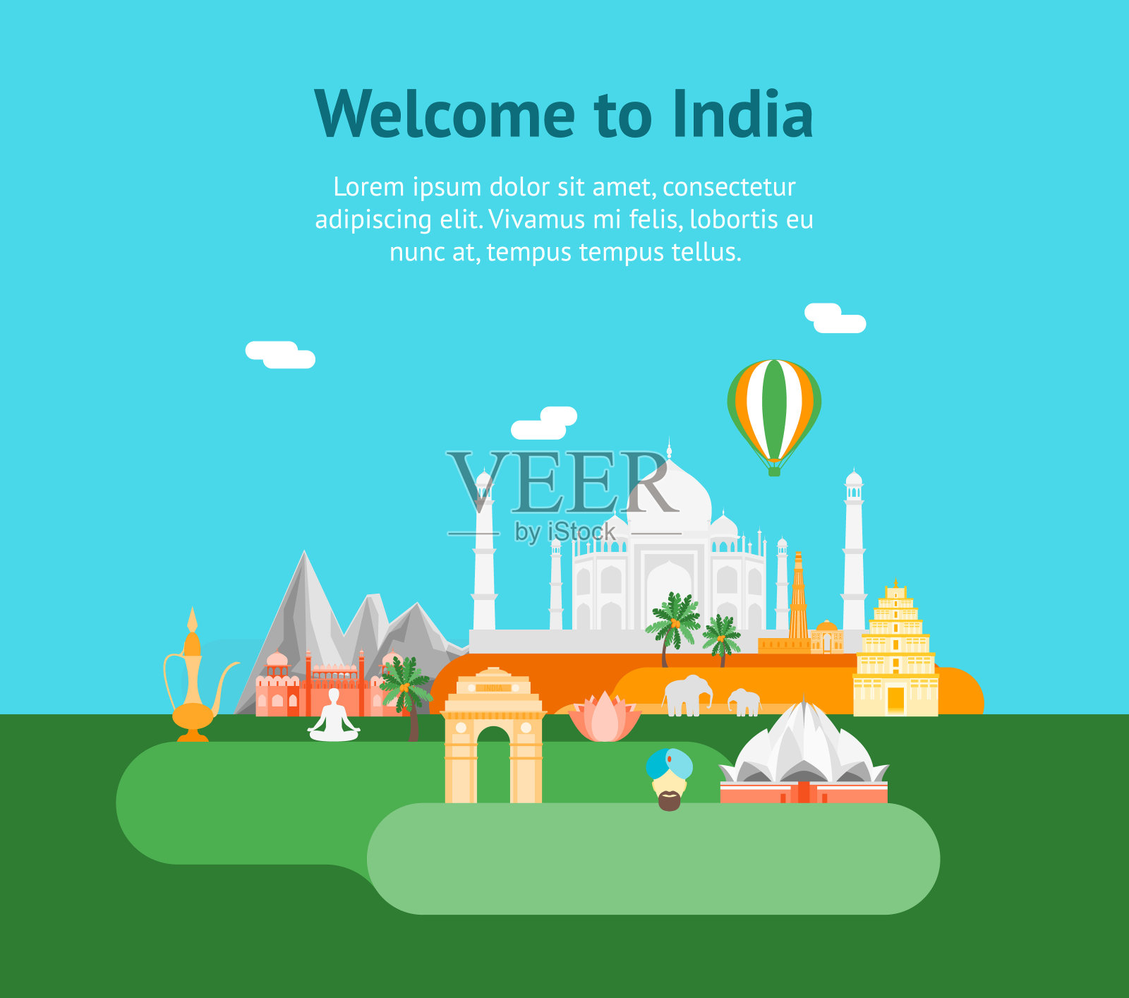 卡通象征印度背景旅游概念卡海报。向量插画图片素材