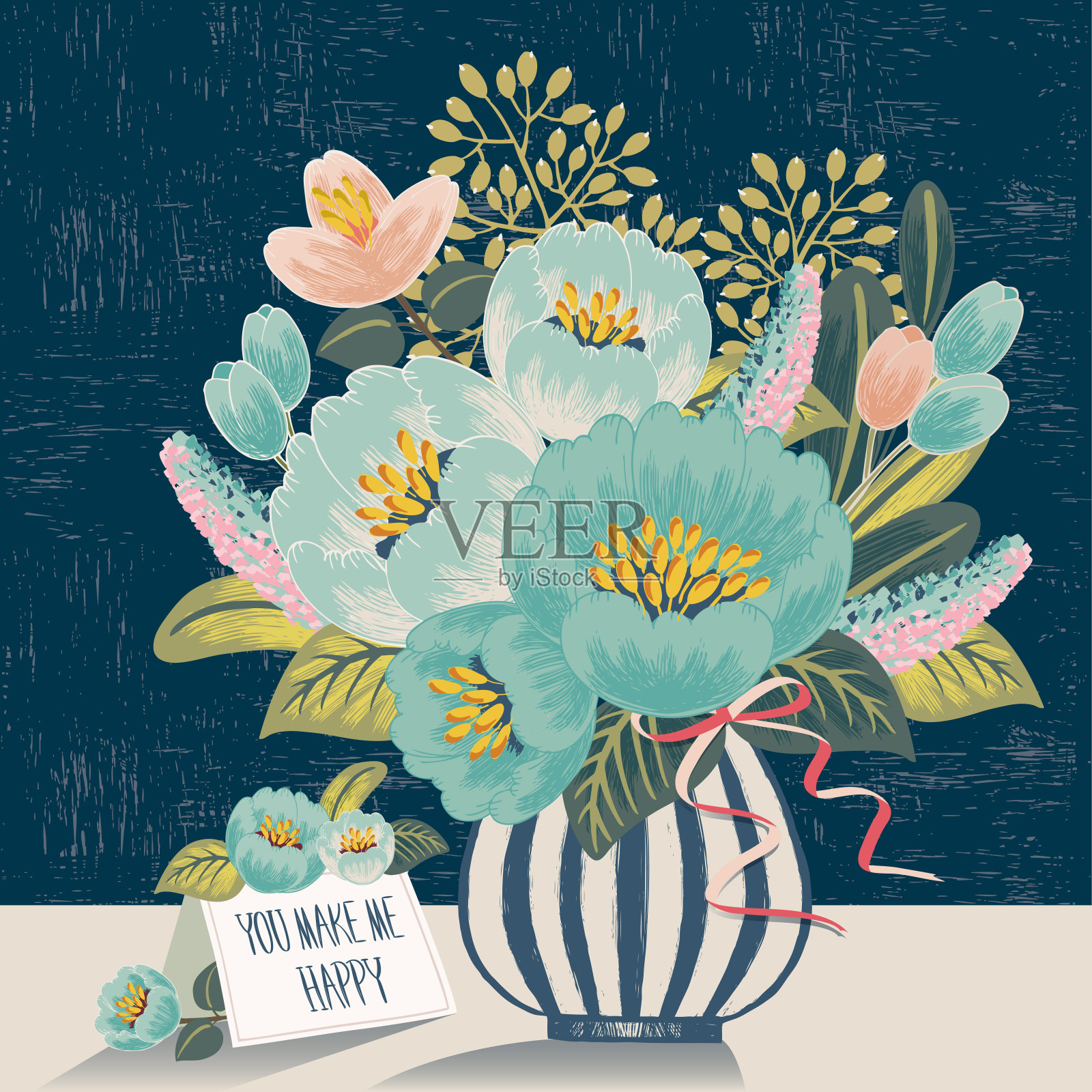 矢量插图的一束美丽的花在一个条纹花瓶与卡片。靛蓝色背景插画图片素材