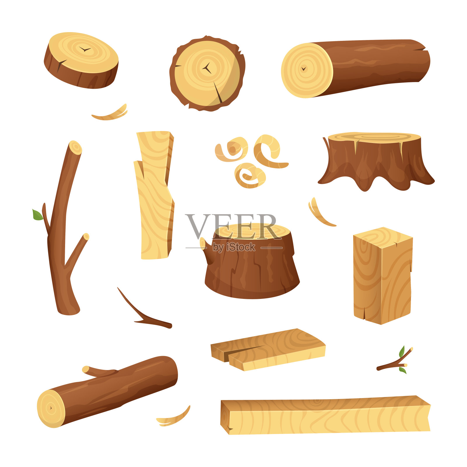 木材工业用材料。树木材,树干。矢量图片设置在卡通风格插画图片素材