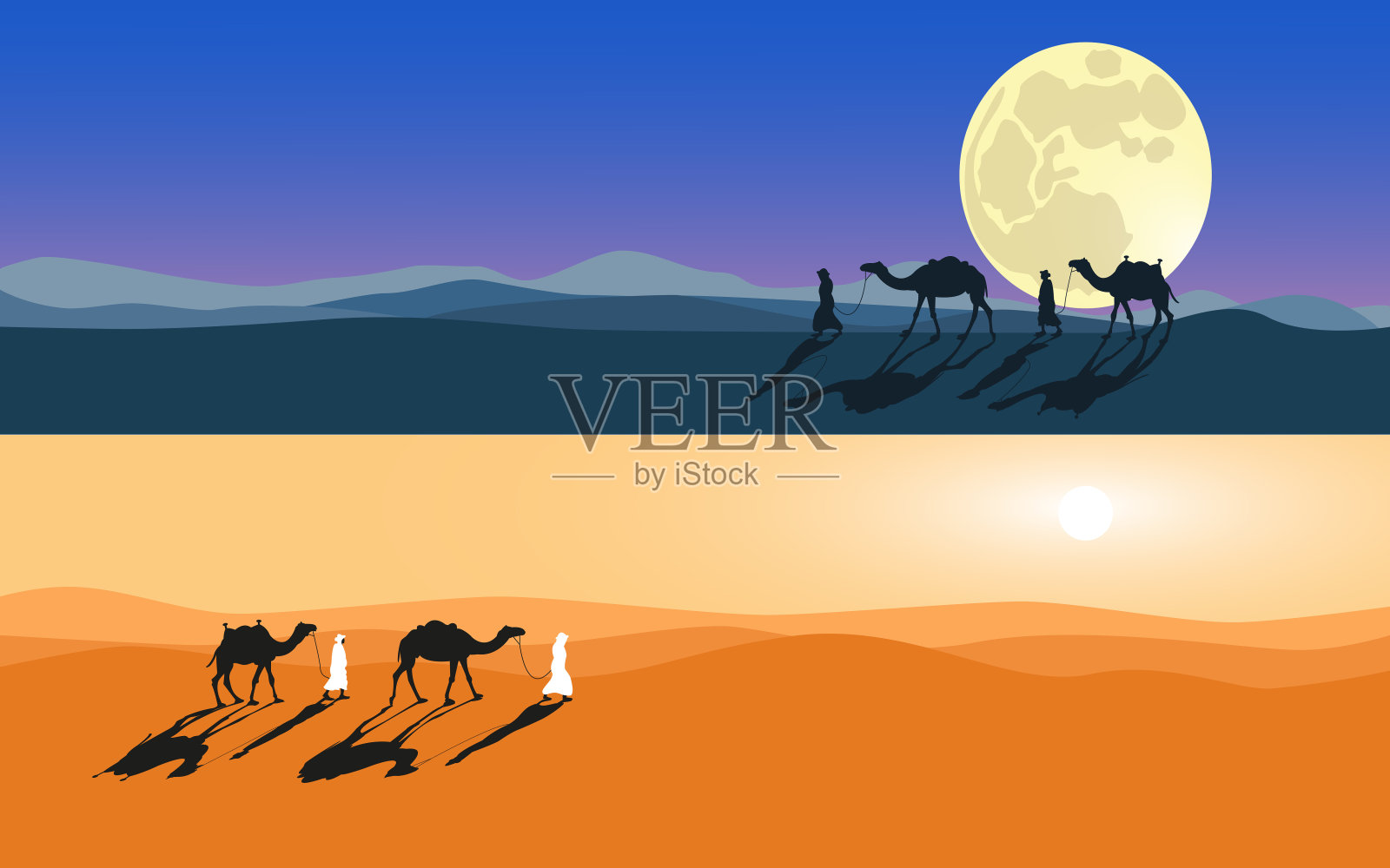 人类和骆驼可以穿越沙漠。月光和阳光落下。插画图片素材