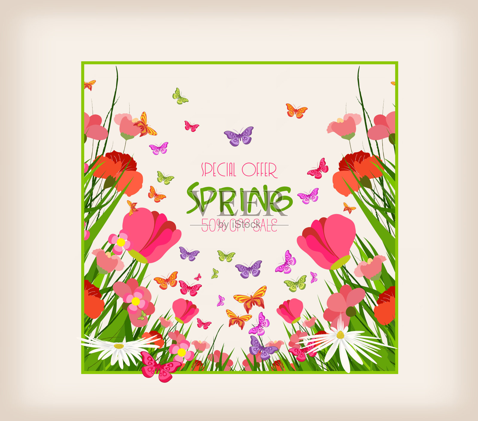 春天的销售传单——阳光灿烂的草地，草地上有鲜花和蝴蝶插画图片素材