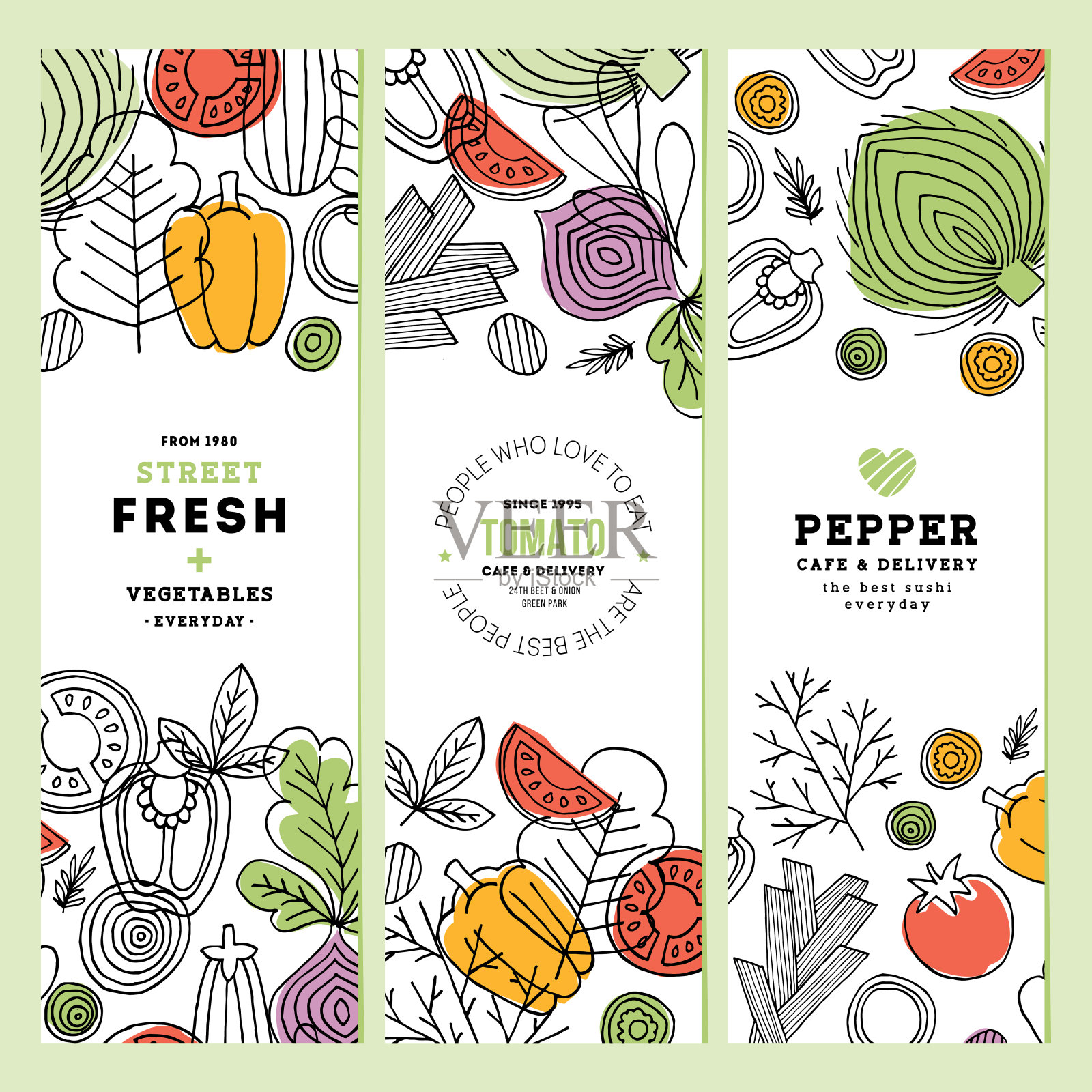 蔬菜竖横幅收集。线性图形。蔬菜的背景。北欧风格。健康食品。矢量图插画图片素材