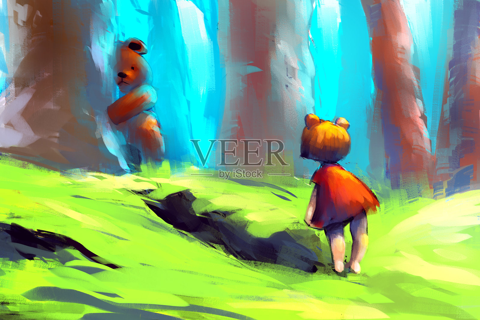 红裙子的女孩在森林里看着棕熊插画图片素材