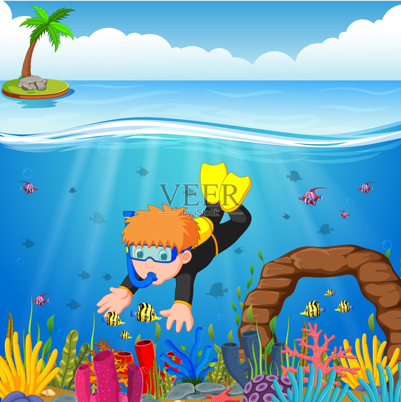 卡通男孩在海里潜水插画图片素材