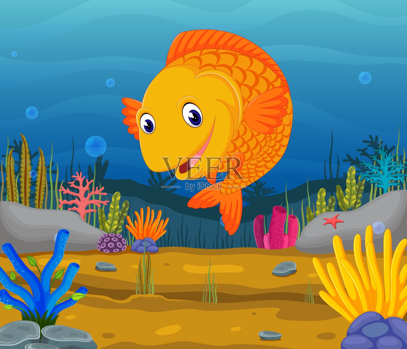 可爱的鱼在海里的卡通插画图片素材