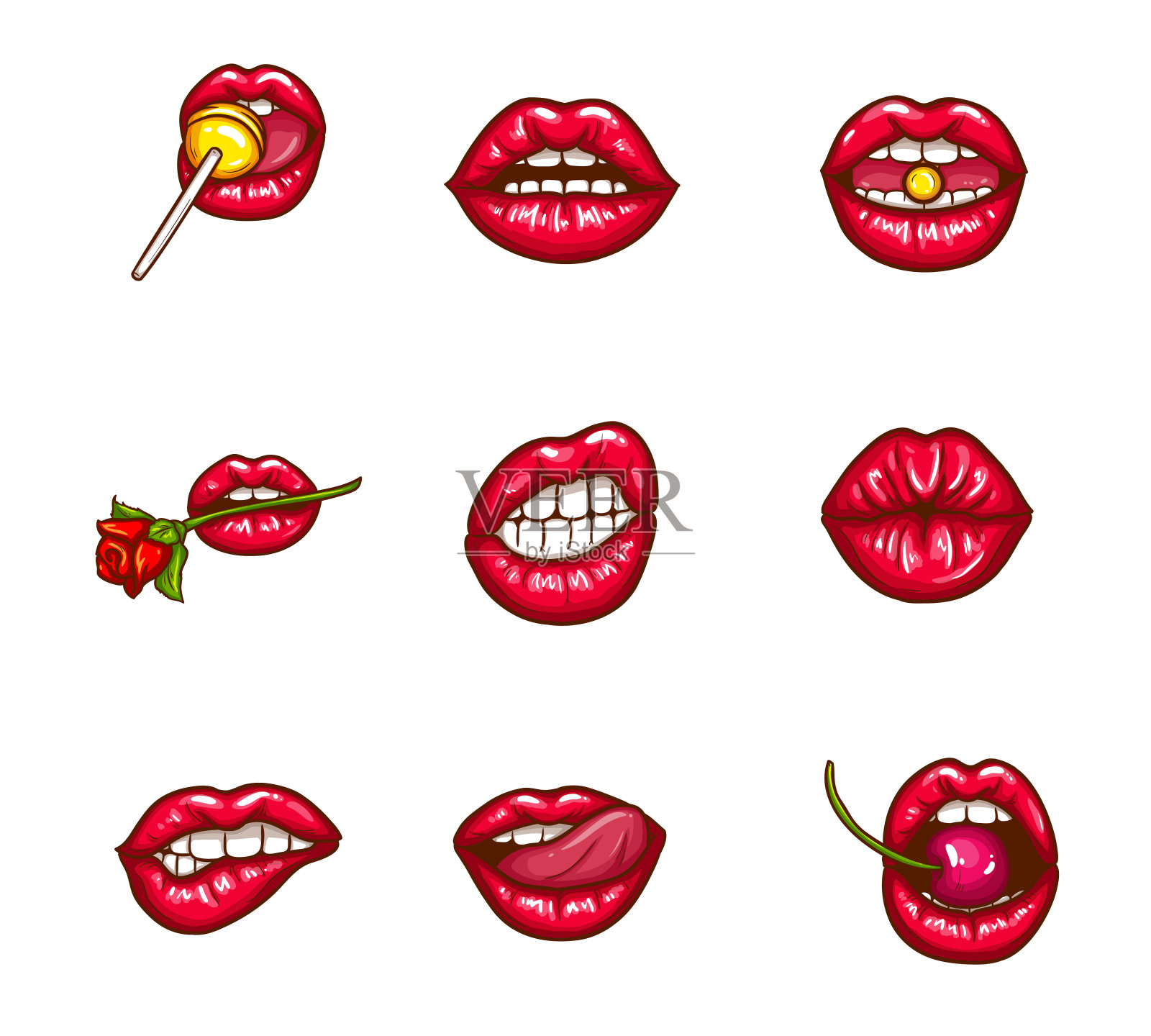 一套性感的女性嘴唇在红色光泽的口红插画图片素材