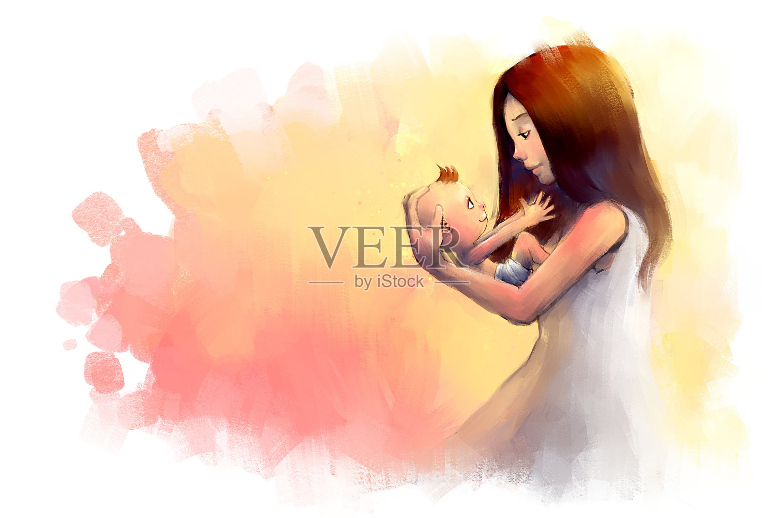 年轻母亲抱着小婴儿的数码画插画图片素材