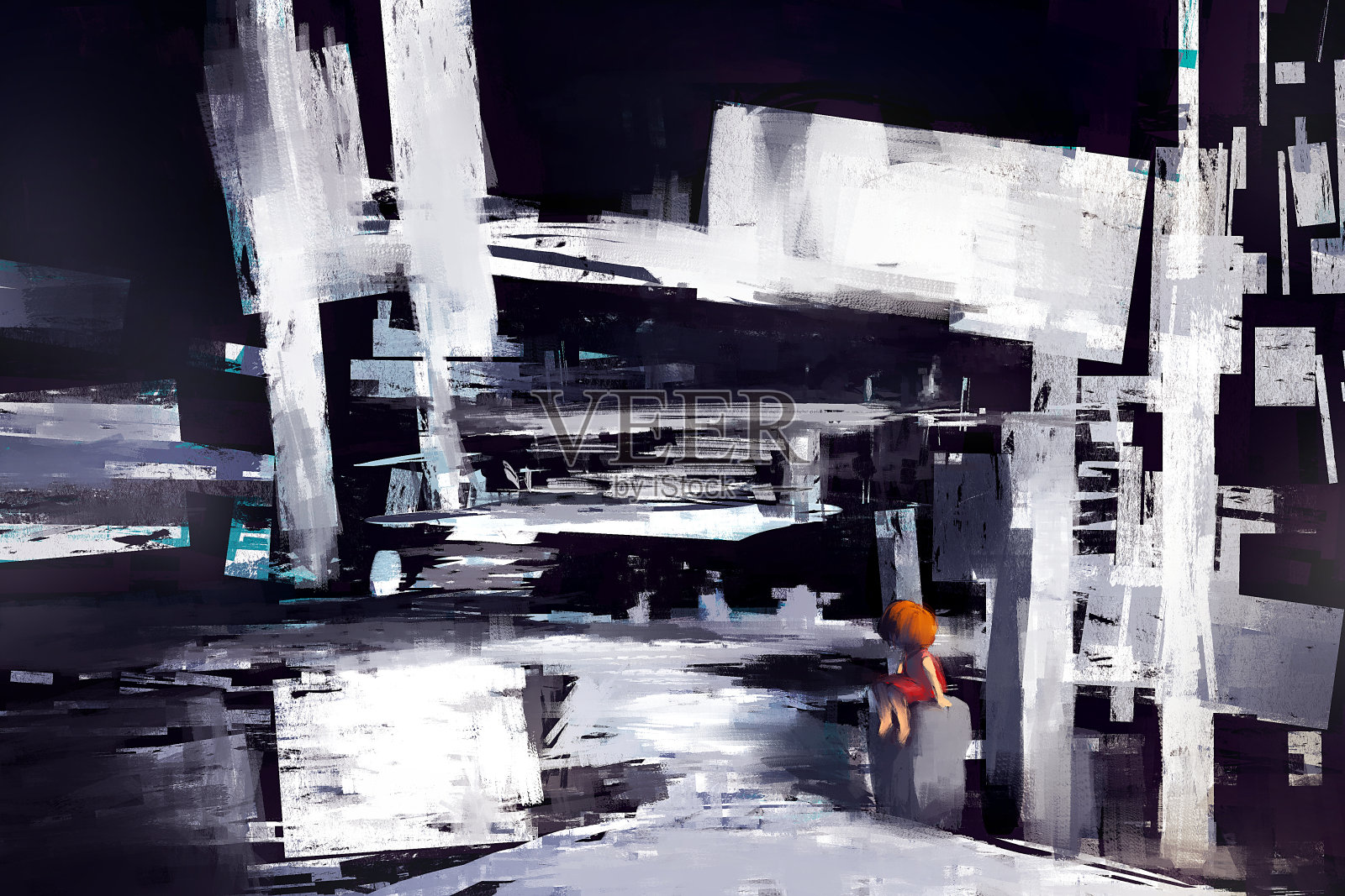 一个女孩坐在废弃城镇的混凝土结构上插画图片素材