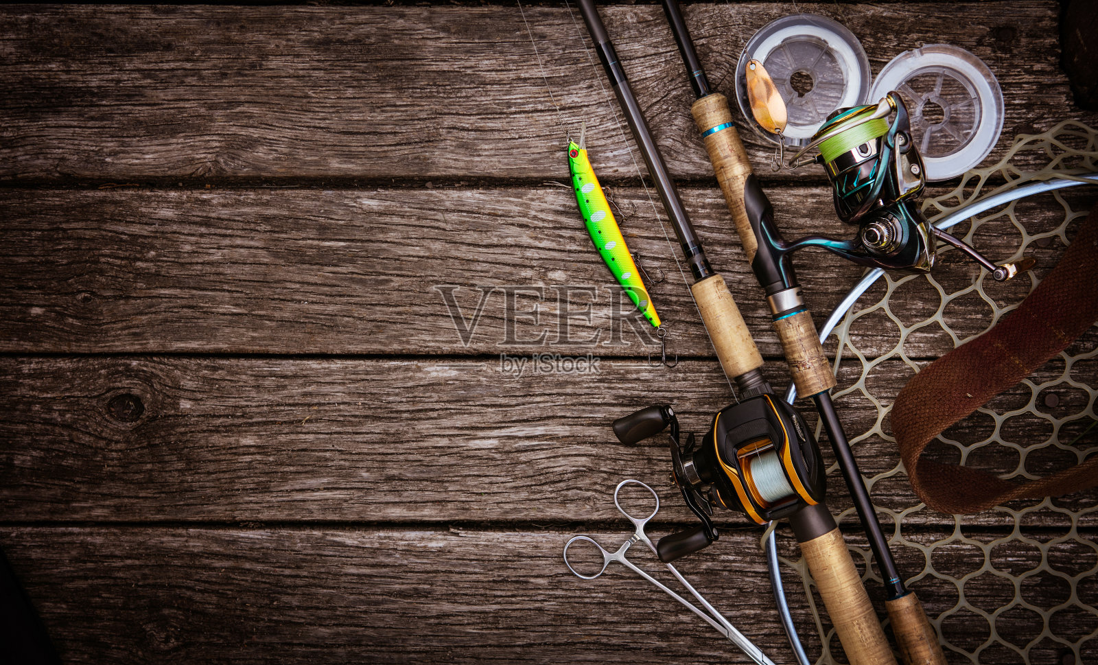 渔具背景。钓鱼的设计元素。照片摄影图片